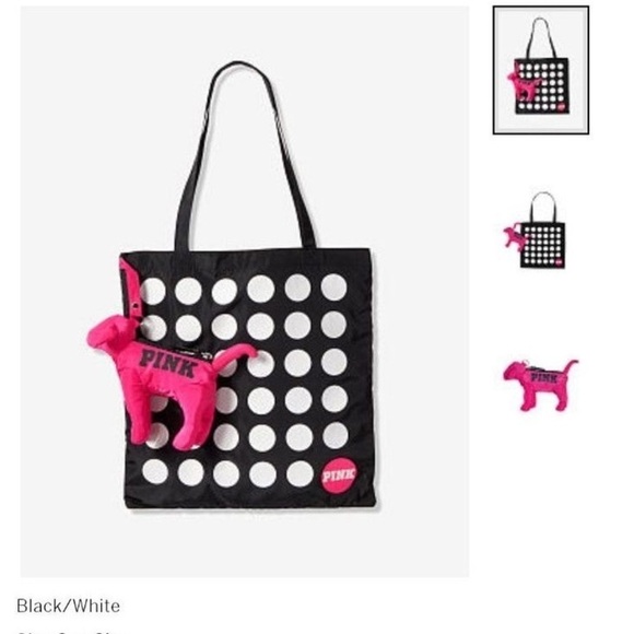 NEW VICTORIA SECRET PINK Dog Foldable Tote Bag Black Polka Dot - Picture 1 of 5